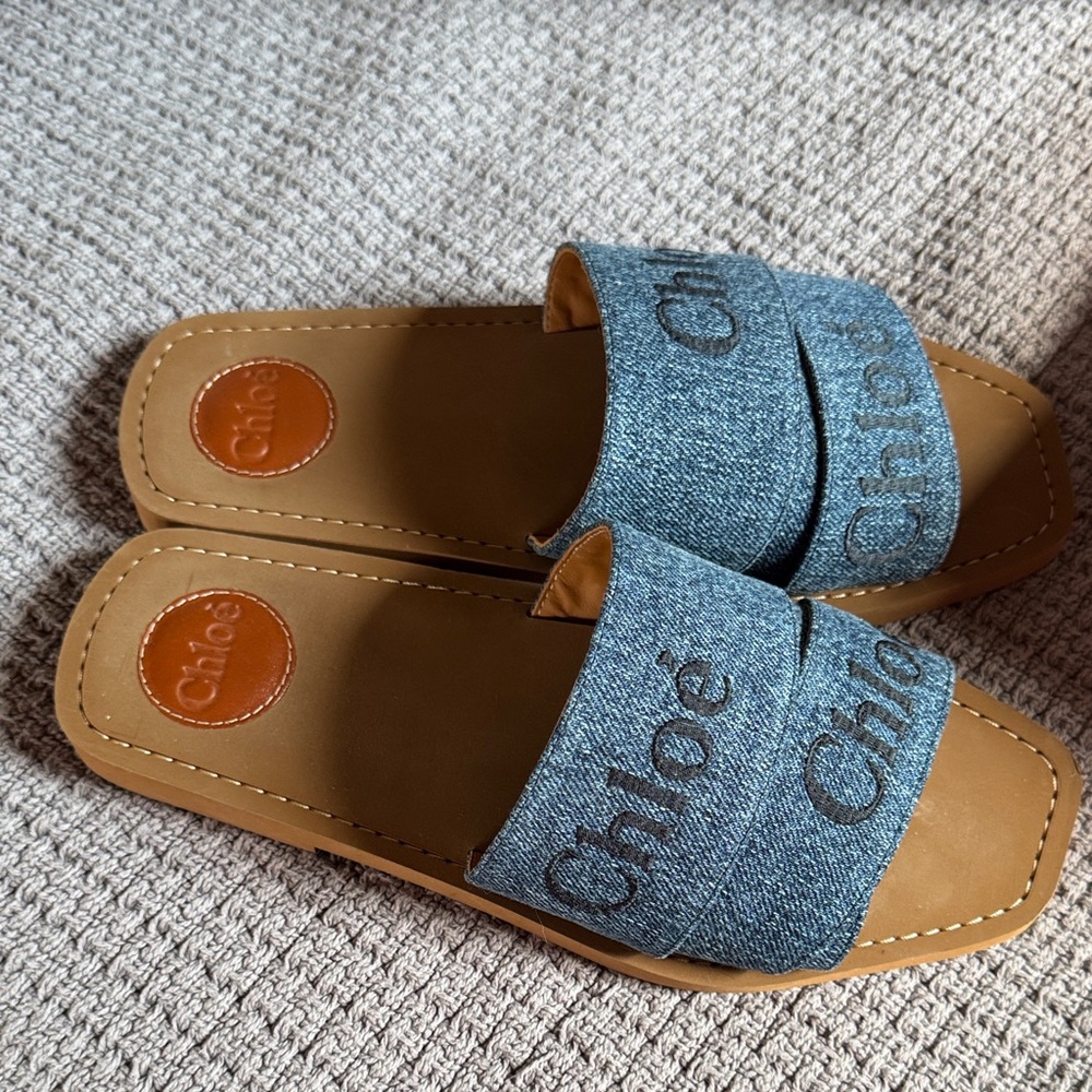 Chloe Woody Blue denim and Tan Sandals